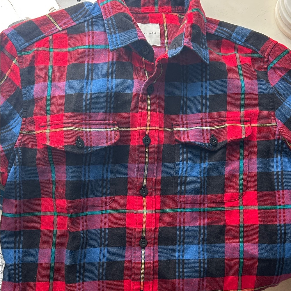 American Eagle Outfitters Red and Blue Plaid Kids Button Down Shirt